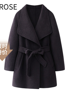 艾诺丝尚忆2025冬优雅风大翻领毛呢大衣女中长款系带收腰外套3295