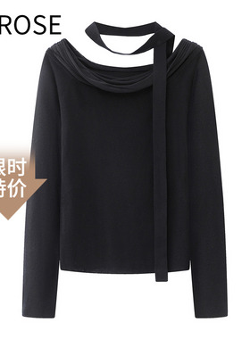 艾诺丝尚忆2025冬季新款黑色飘带羊毛打底衫针织衫毛衣女4131