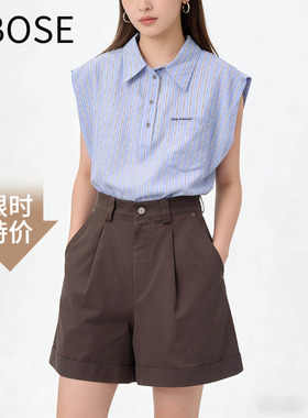 艾诺丝锦瑟蓝色无袖翻领条纹衬衫女2026夏季直筒通勤上衣4120771