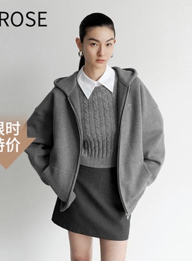 艾诺丝尚忆2025秋季新款百搭纯色拉链宽松连帽卫衣外套女103037