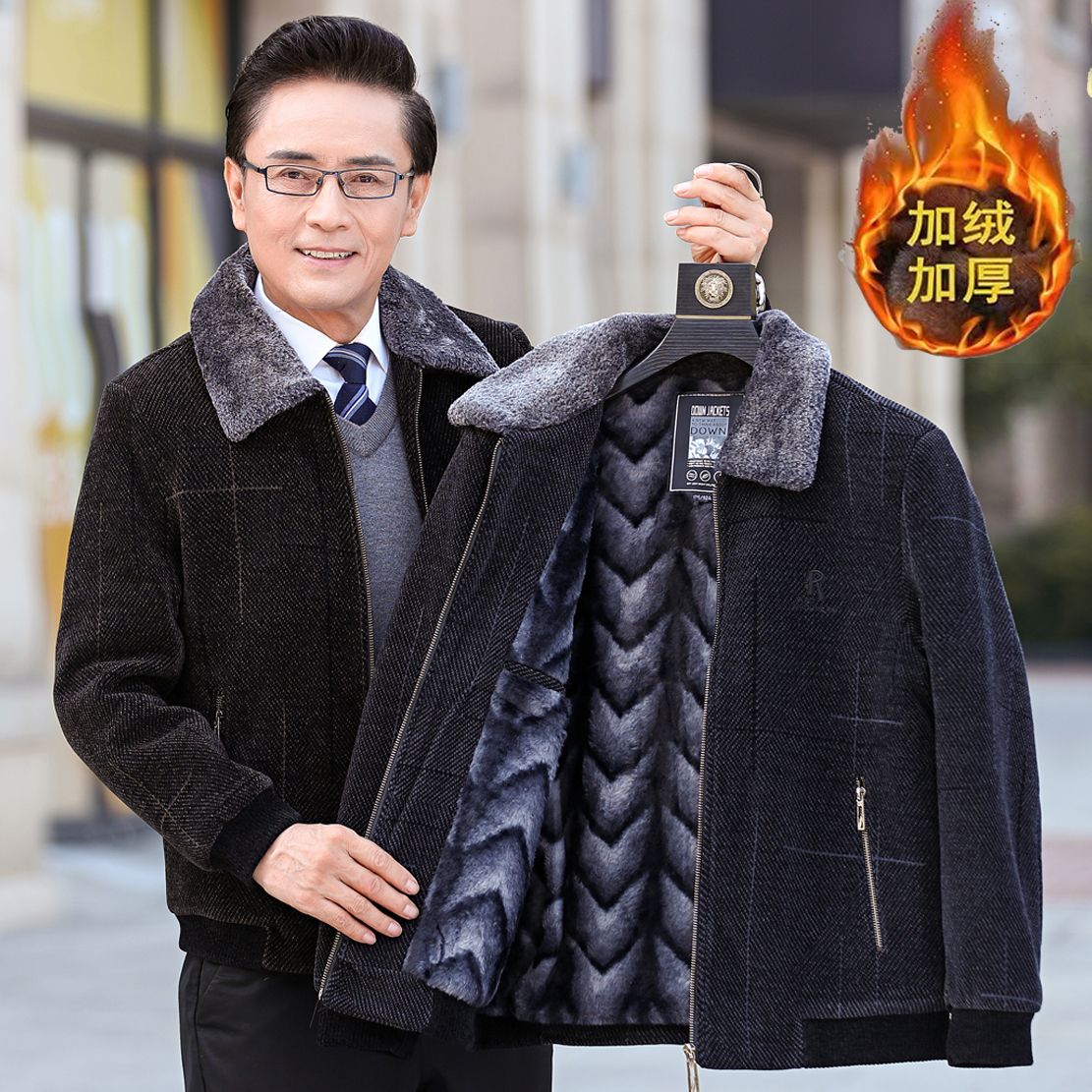 高档中年男士爸爸冬装加绒加厚棉袄爷爷秋冬季中老年人棉衣外套男