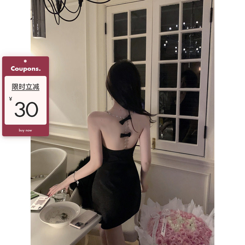 陈依果【黑金晚宴】水钻连衣裙女千金公主修身显瘦短款黑色连衣裙