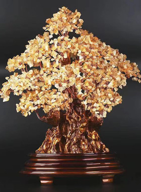 天然黄水晶发财树摇钱树摆件大号招财乔迁新居客厅公司送礼装饰品