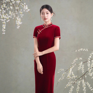 上海滩复古旗袍女装晚礼服花扣长款短袖婚宴会丝绒喜婆婆连衣裙子