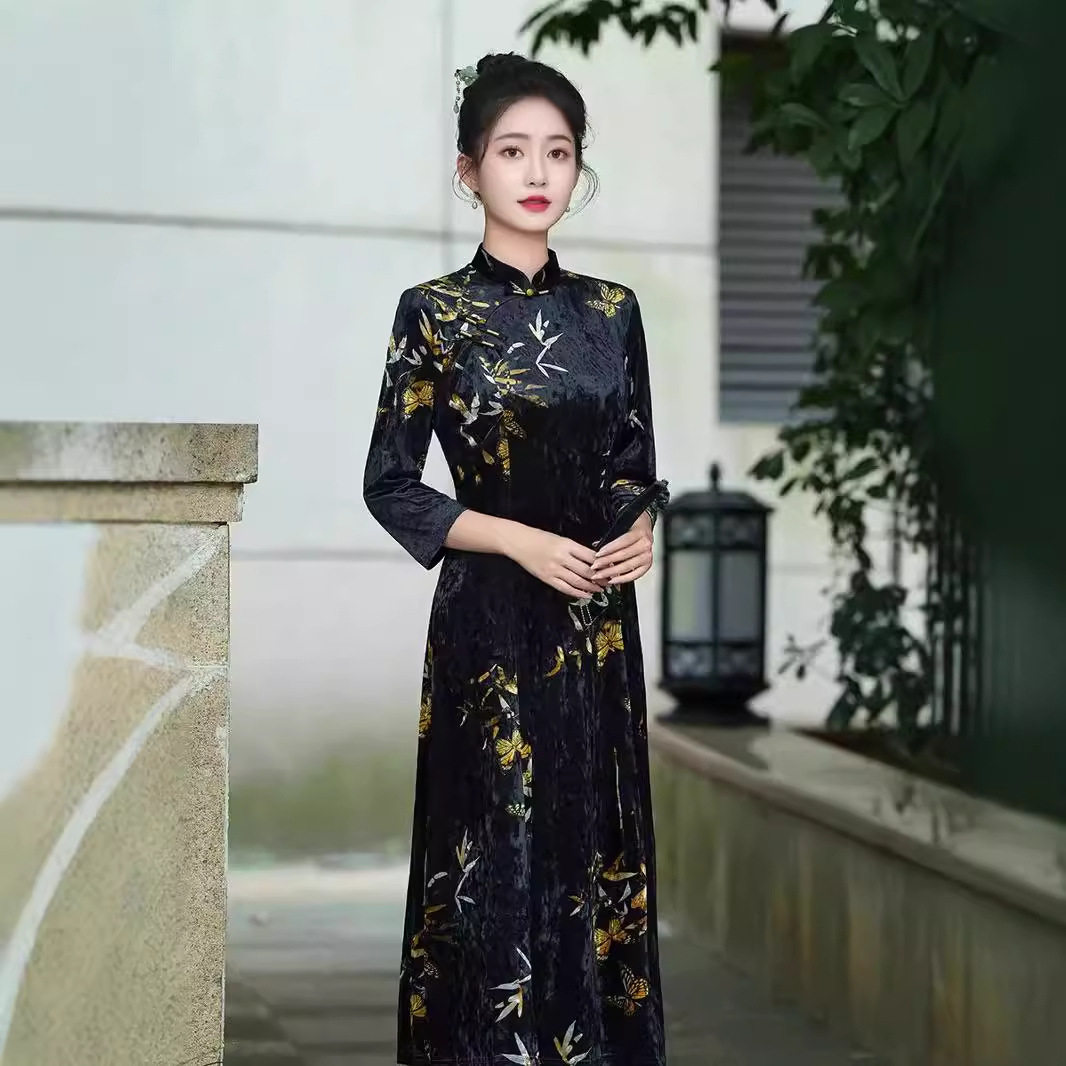 改良版旗袍微胖遮肚子显瘦黑色金丝绒印花连衣裙女七分袖秋季新款
