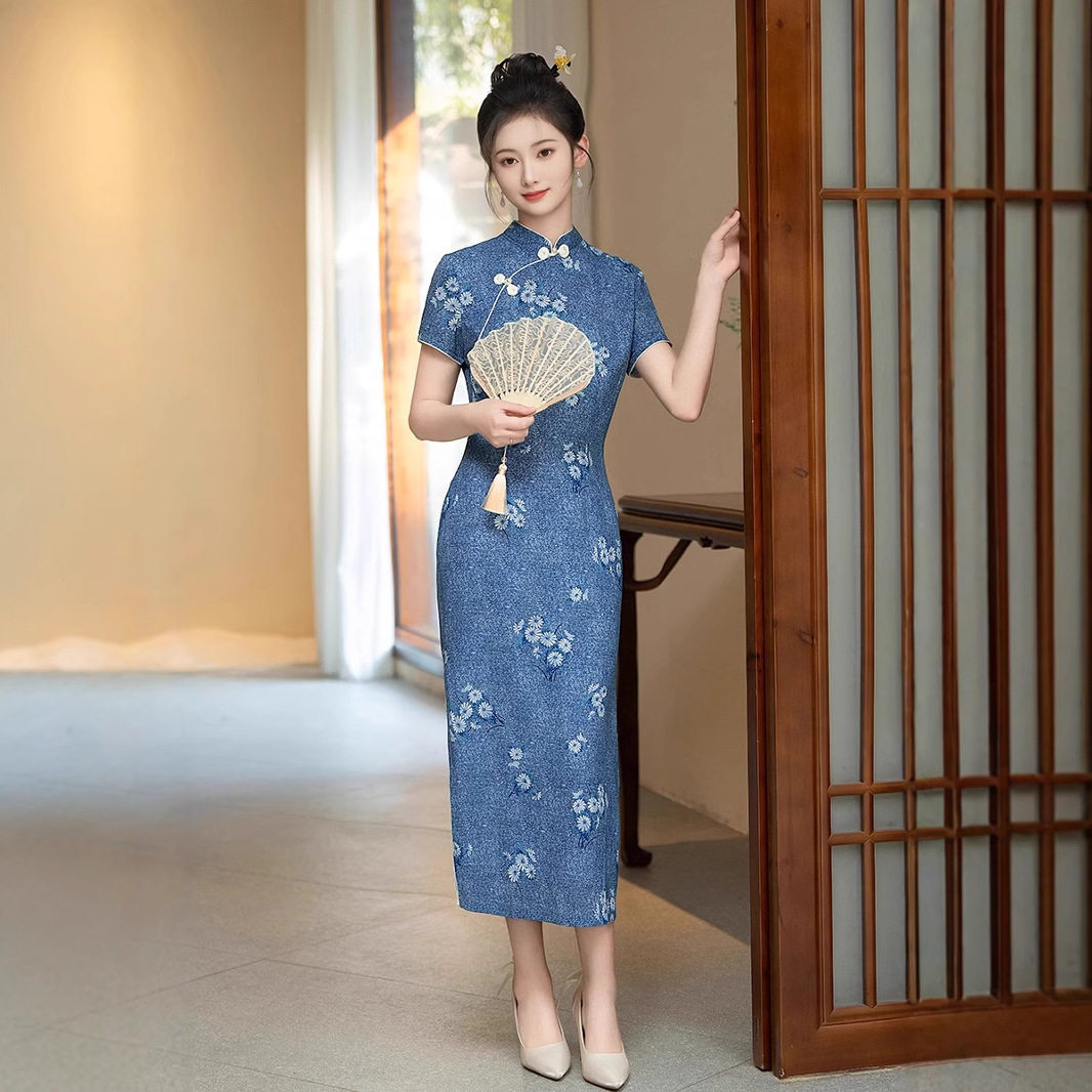 旗袍高端大气上档次蓝色双层短袖2025春季改良复古新中式连衣裙子