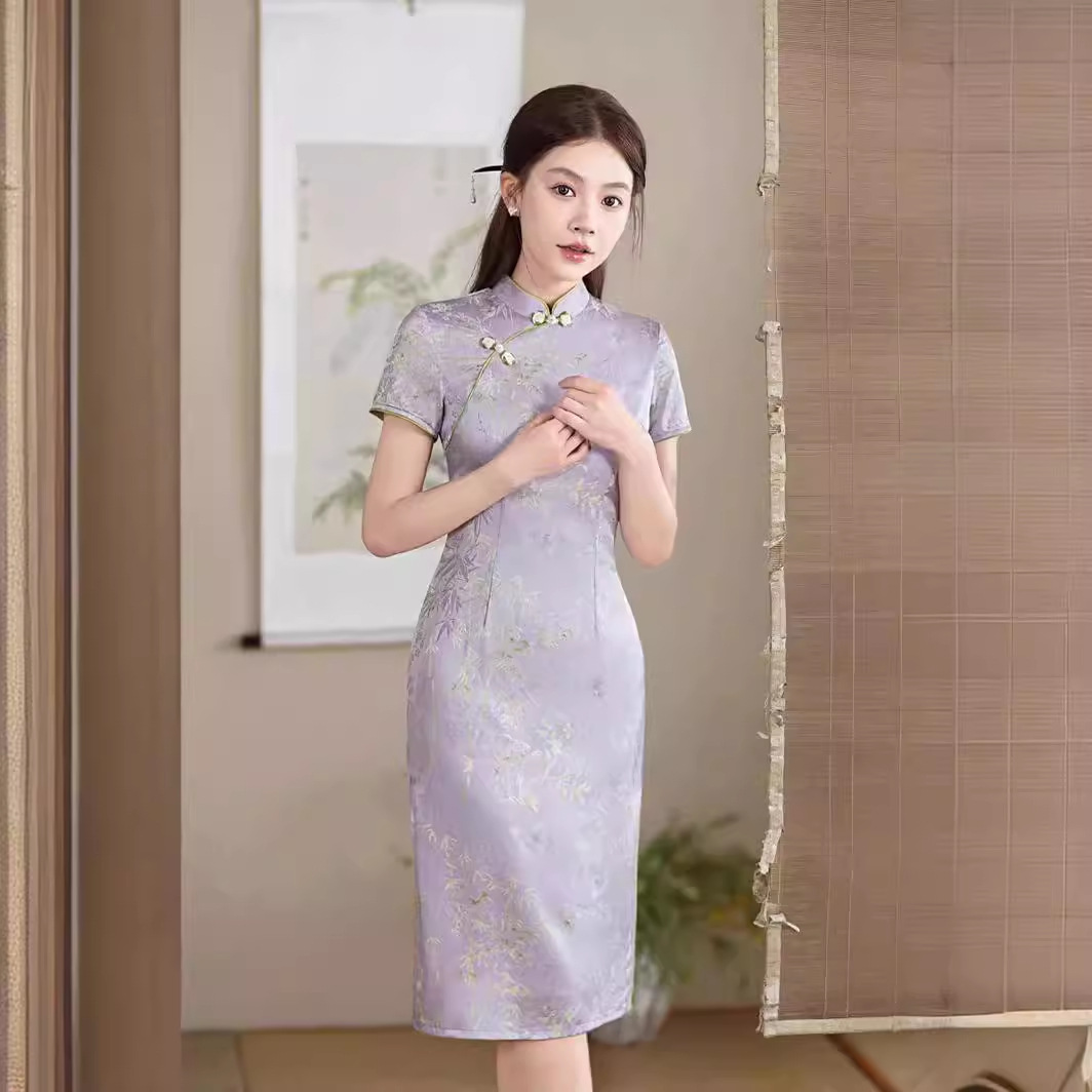 旗袍女小个子中长款短袖双层新中式少女连衣裙高档礼服裙宴会气质