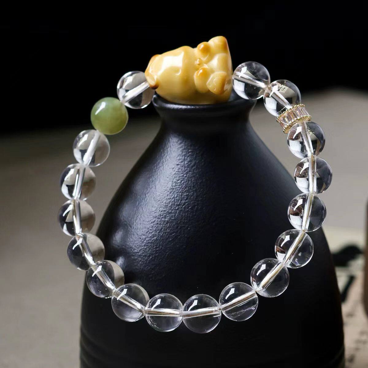 原创新款白水晶和田玉手串搭配象牙果玉桂狗