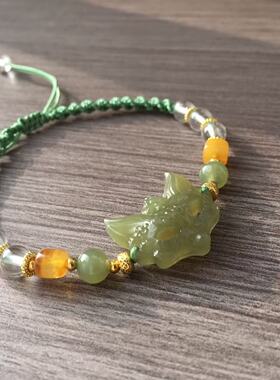 原创设计天然和田玉狐狸面具手绳搭配天然蜜蜡白水晶