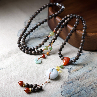 新中式设计白奇楠沉香木原创多圈手链翡翠平安扣蜜蜡和田玉毛衣链