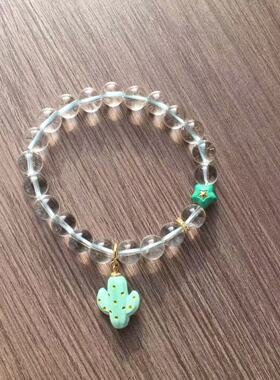 原创设计天然白水晶手链女款单圈简约风格搭配菱镁矿仙人掌，星星