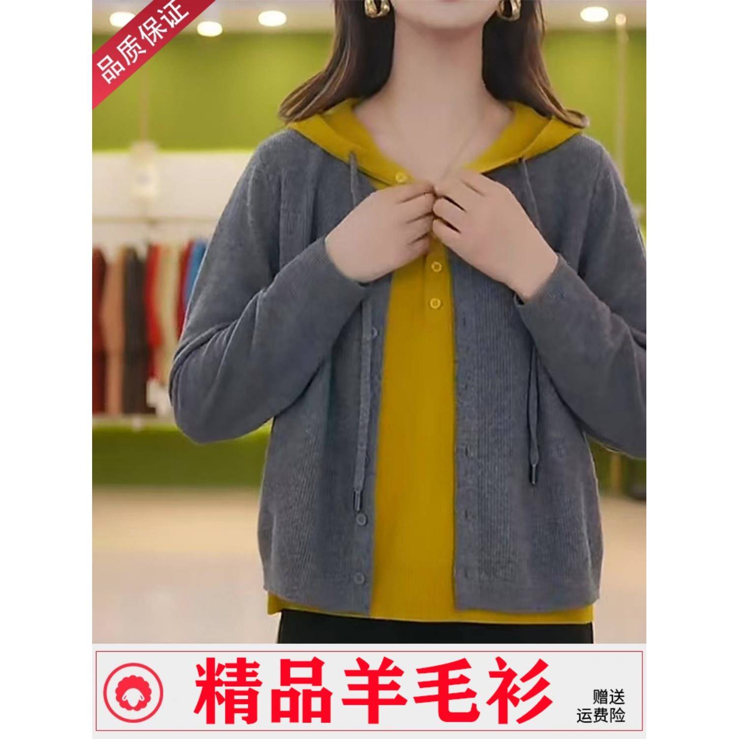 开衫外套毛衣女新款秋冬假两件连帽羊毛衫宽松大码针织衫外搭上衣