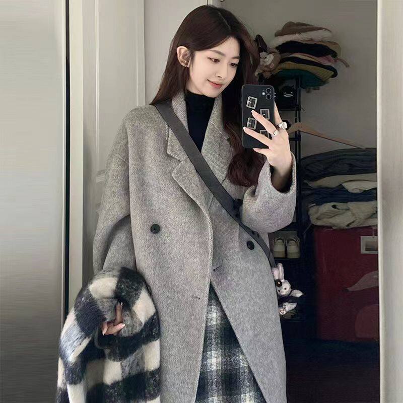 2026秋冬季中长款过膝小香风毛呢外套女高级感灰色小个子呢子大衣