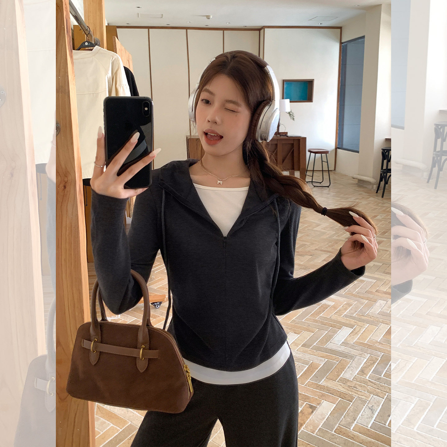 假两件拉链长袖连帽打底卫衣女2026早秋穿搭褶皱收腰撞色外套上衣