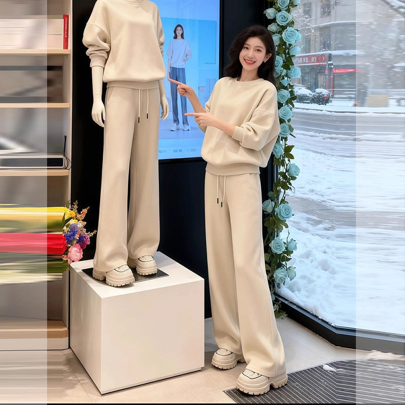 秋冬新款大码女士休闲运动套装洋气减龄加绒卫衣休闲阔腿裤一整套