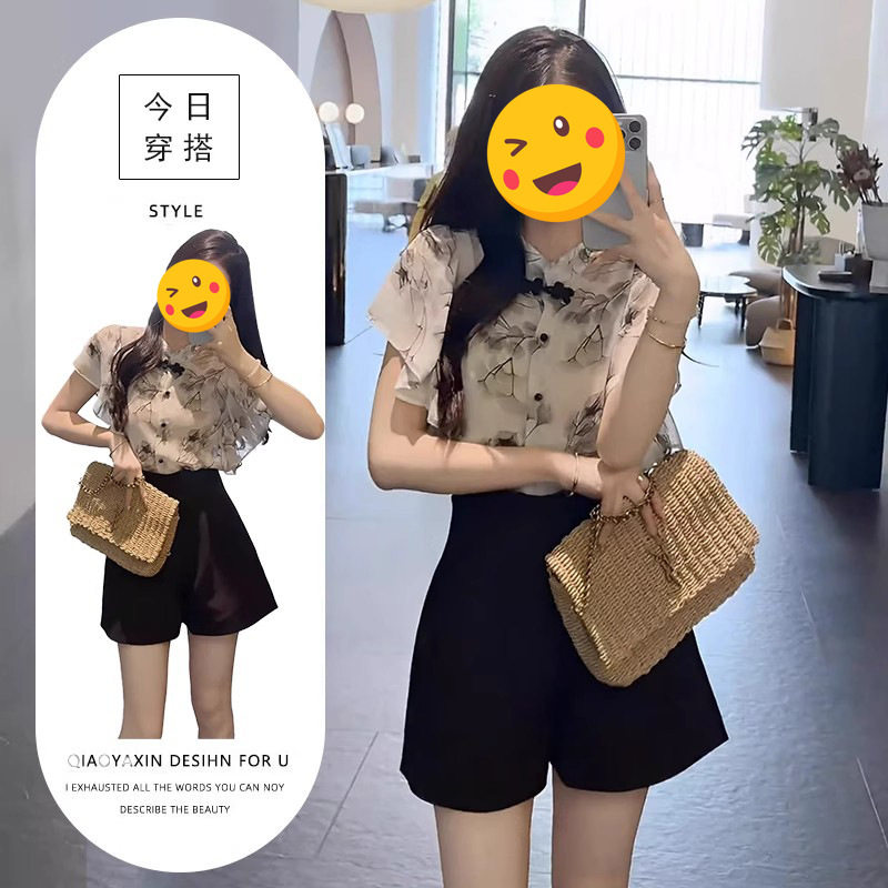 独特漂亮小衫雪纺上衣夏2025新款设计感荷叶边短袖衬衫女高腰短裤