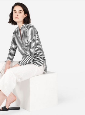 国内现货 Everlane  冷水机洗 纯棉V立领竖条纹女士修身长袖衬衫