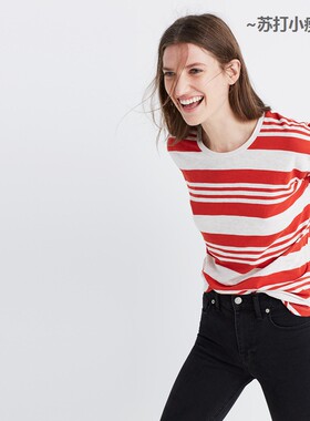 [国内现货] Madewell 惊艳辣椒红女士棉质圆领横条纹短袖T恤