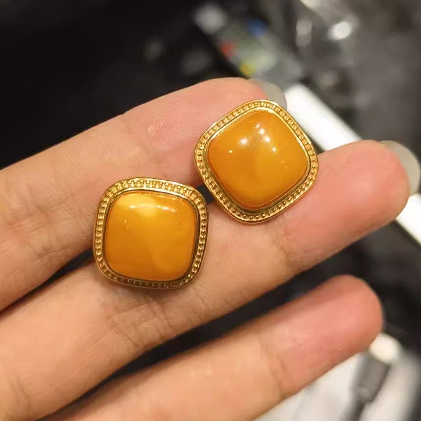 S925银蜜蜡耳钉-约11*5mm-多样性发-B福