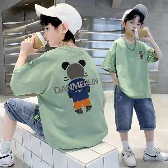 男童夏装套装2025新款运动韩版男孩中大童牛仔薄款短袖休闲两件套