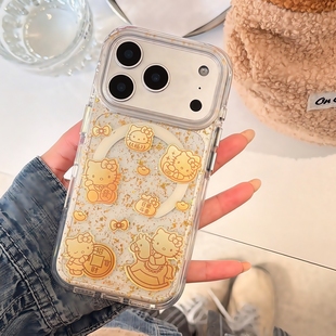 可爱卡通招财进宝kitty猫适用iPhone17pro苹果17promax手机壳透明磁吸16新年款 鎏金15金箔14全包防摔保护套女