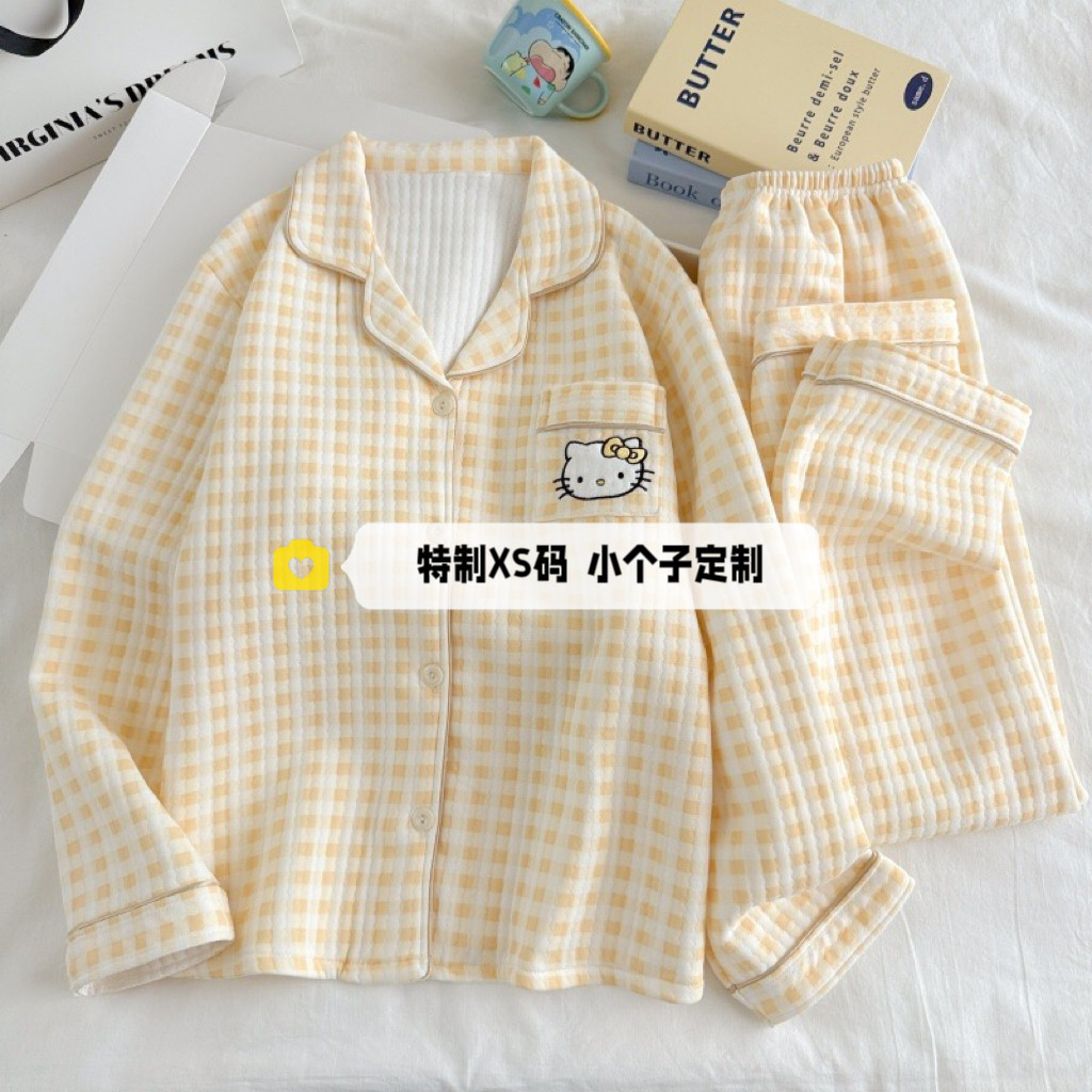 150cm矮个子冬季空气棉睡衣家居服女提花夹层翻领开衫长袖套装xs