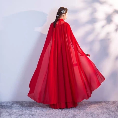 复古优雅红色长款外披大码百搭外套开衫外搭雪纺披风斗篷式披肩女