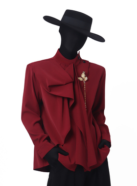 BlackClothes复古新中式飘带衬衫红色半高领围巾设计小众衬衣上衣