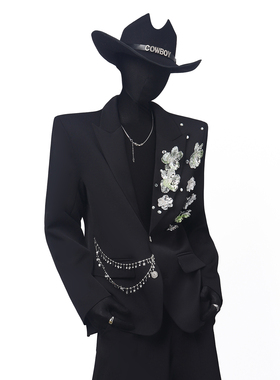 BlackClothes轻奢高级感金属装饰胸针西服长袖垫肩个性西装外套男