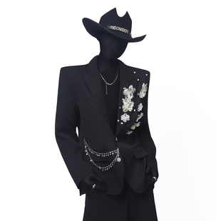 BlackClothes轻奢高级感金属装饰胸针西服长袖垫肩个性西装外套男