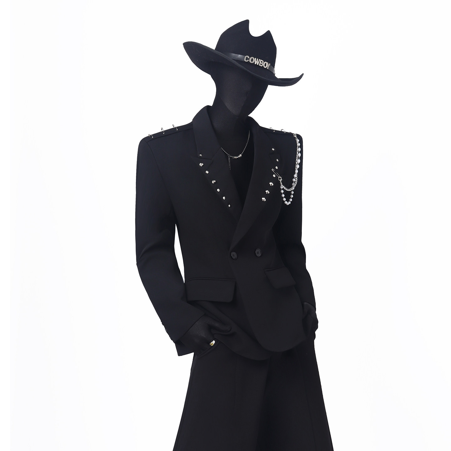 BlackClothes黑色设计感廓形垫肩西装男高级感金属别针西服外套潮