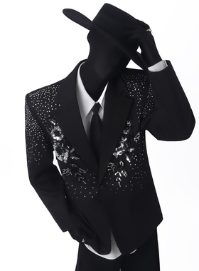 BlackClothes高定重工烫钻亮片垫肩个性西装外套舞台风男士西服潮