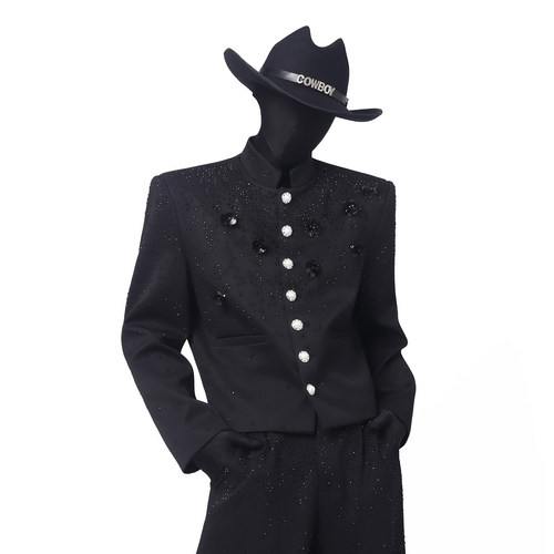 黑色轻奢烫钻立体花短款西服套装