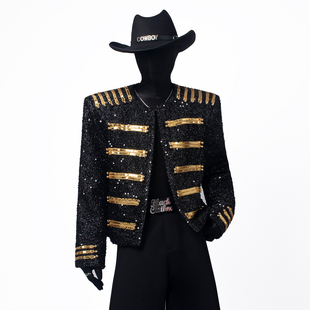 BlackClothes重磅系列宫廷复古风短款个性夹克亮片黑金拼接外套潮