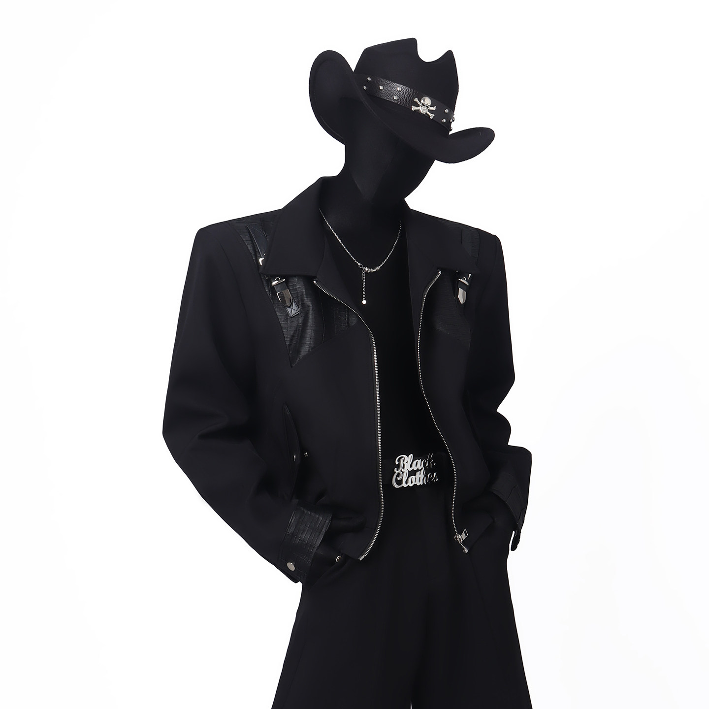 BlackClothes黑色短款外套男小众金属皮扣拼接设计感痞帅拉链夹克