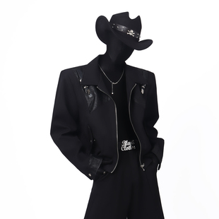 BlackClothes黑色短款外套男小众金属皮扣拼接设计感痞帅拉链夹克