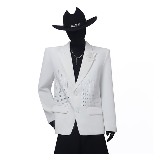 BlackClothes重工新品烫钻休闲西服外套设计感百搭西装男花装饰潮
