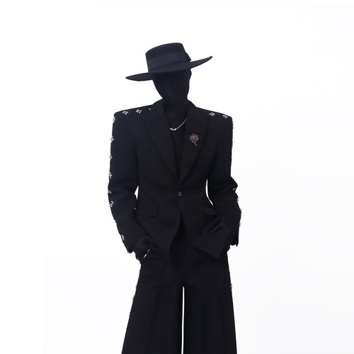 Blackclothes黑色西装套装男侧边重工钉珠设计阔腿直筒西裤两件套