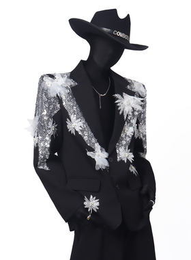 BlackClothes轻奢亮片刺绣设计垫肩西装外套男高级感痞帅廓形西服