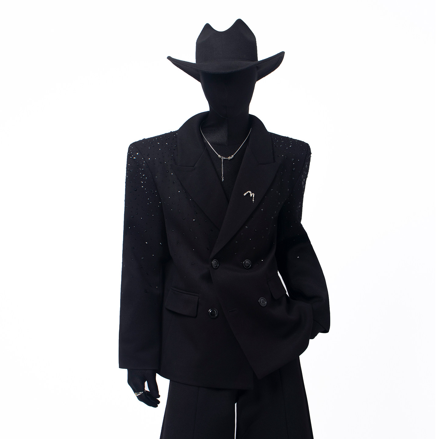 Black Clothes酷黑极简风重工烫钻黑色西装男双排扣垫肩西服外套