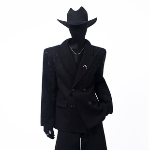 Black Clothes酷黑极简风重工烫钻黑色西装男双排扣垫肩西服外套