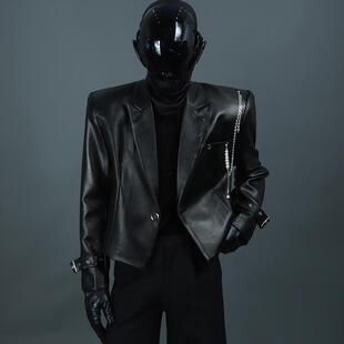 黑色金属链条皮垫肩男生外套高级痞帅PU皮西服时尚短款暗黑系皮衣