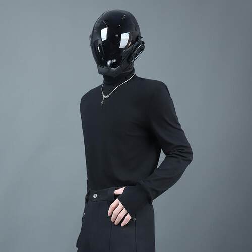 OOTD韩版半高领打底衫男金属简约套手设计长袖T恤百搭简约上衣潮