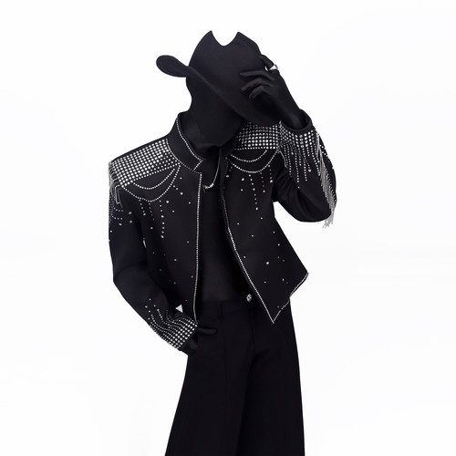 BlackClothes烫钻流苏垫肩西装