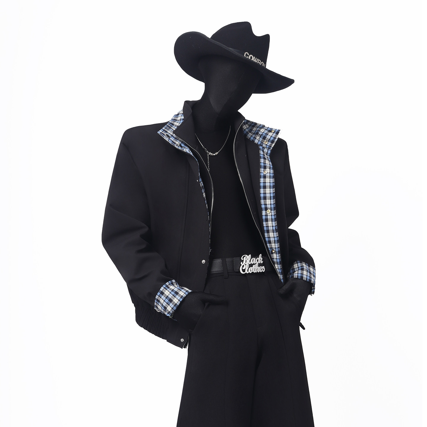 BlackClothes格纹设计加厚cleanfit外套男春秋款高级短款夹克棉服