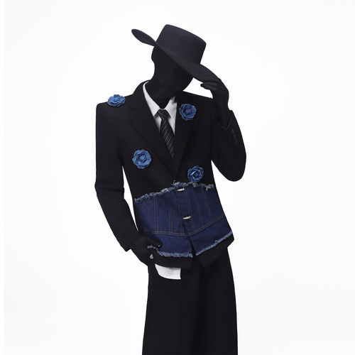BlackClothes牛仔拼接阔肩西装