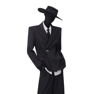 BlackClothes高智感直角翘肩收腰条纹西服外套男高级休闲西裤套装