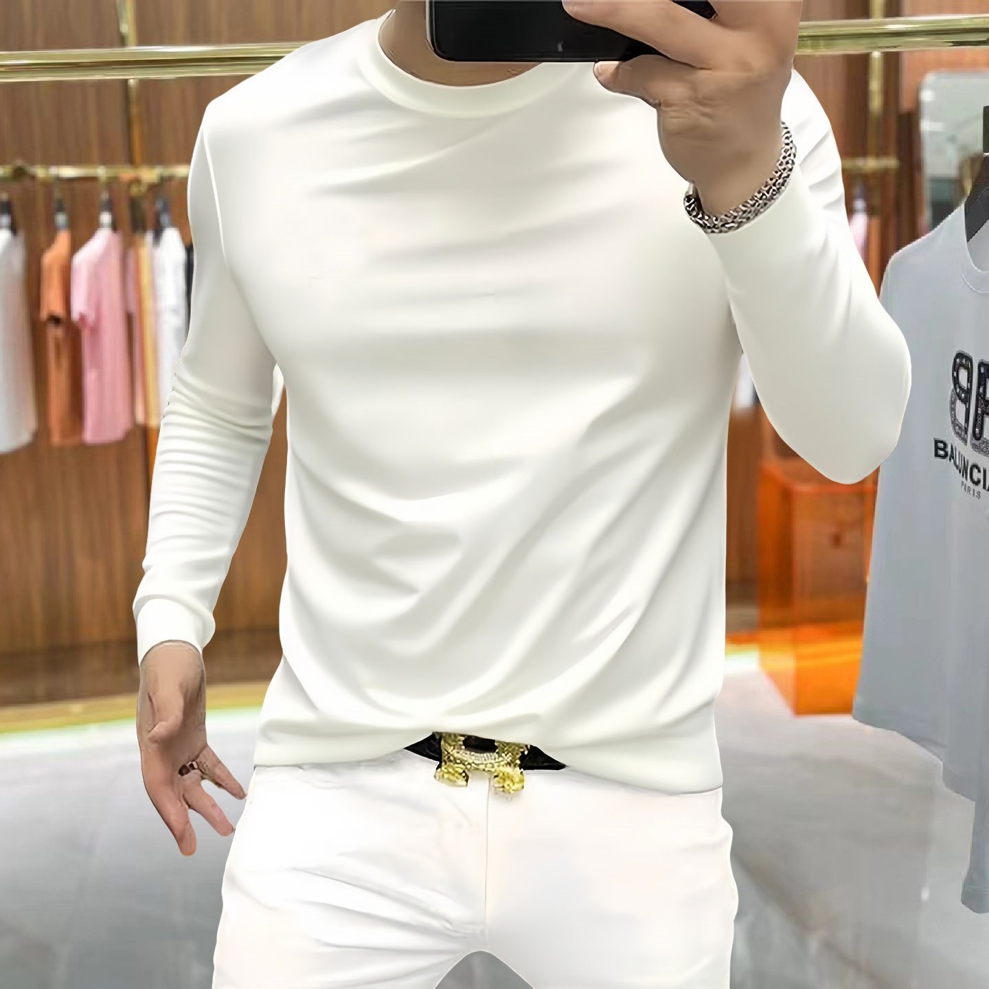 真丝光棉圆领T恤男长袖修身新品莱赛尔高弹力丝滑料白色打底衫