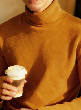 黄色加绒加厚高领长袖T恤男士双面绒内搭保暖发热德绒纯色打底衫