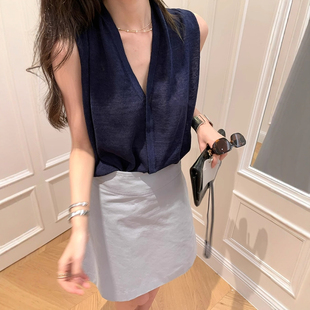 清仓捡漏品牌撤柜v领冰丝针织背心女夏季 上衣 薄款 宽松外穿t恤无袖
